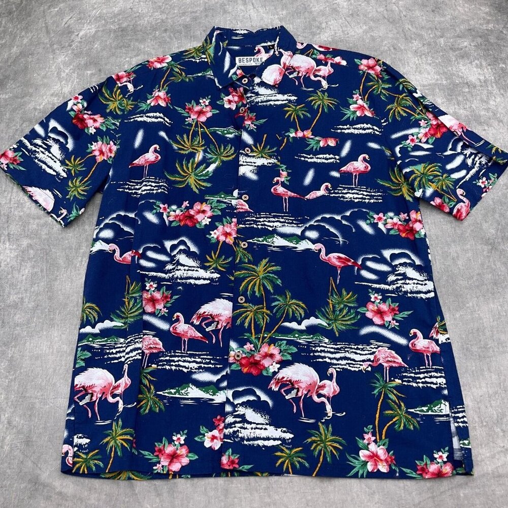 Bespoke‎ Resort Shirt Men Large Purple Pink Flamingo Floral Tropical Aloha